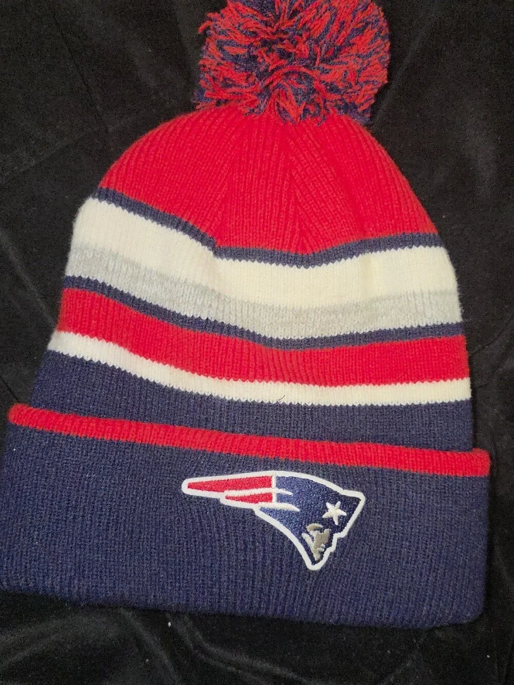 Youth Unisex Patriots Skully Pom Pom Knit Beanie - Red, White & Navy